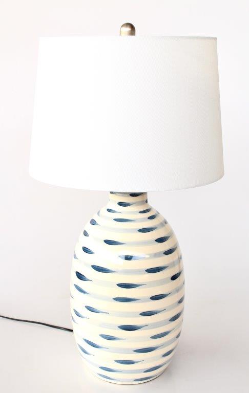 Blue & White Stripes Lamp Base With White Finial & Harp Shade